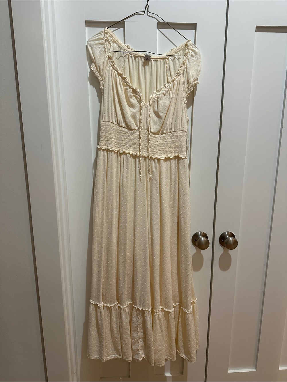 Old Navy Cream Cottagecore Maxi Dress with Smocked Waist and Ruffle Details